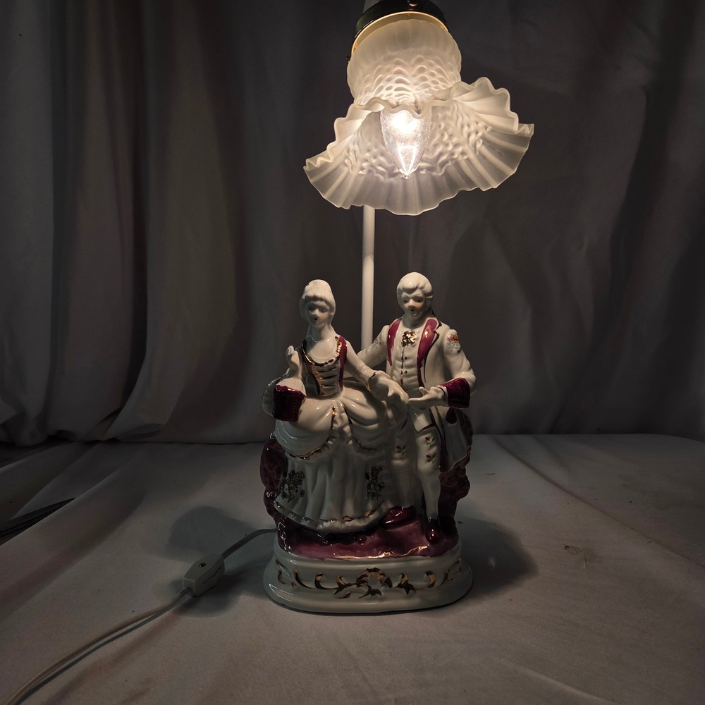 Vintage Porcelain Courting Couple Table Lamp Frosted Glass Tulip Shade Burgundy